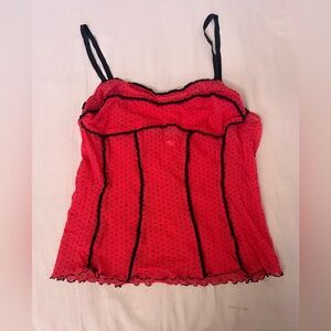 Red and Black Polka Dot Ladybug Mesh Ruffle Trim Camisole
